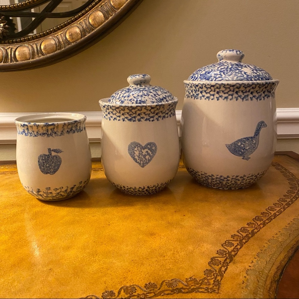 Set of 3 Vintage Tienshan Folk Craft Cottage Sponge Ware Ceramic Boho Jars